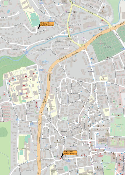 Karte der Innenstadt von Kempten im Allgäu mit den Standorten von Katrin Thümmler Osteopathin, Heilpraktikerin und Physiotherapeutin